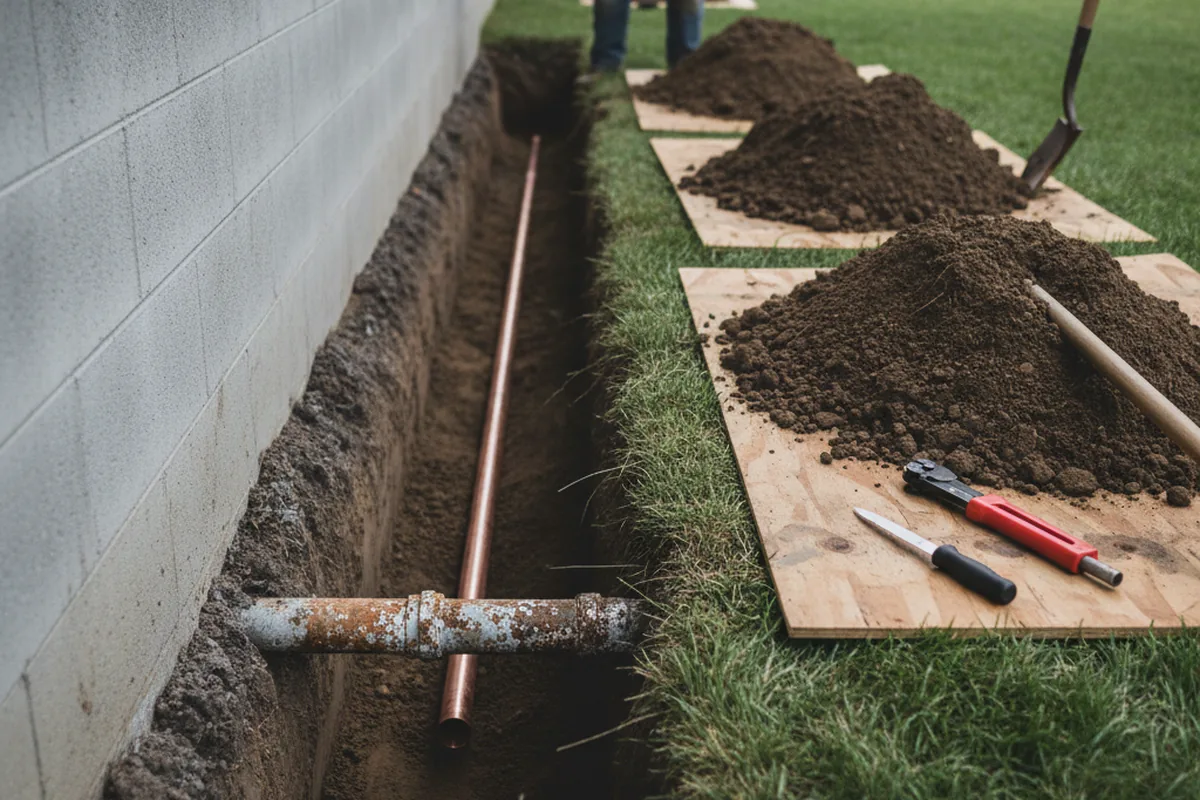 Excavated water line trench during Sewer Line Repair in Glen Oaks